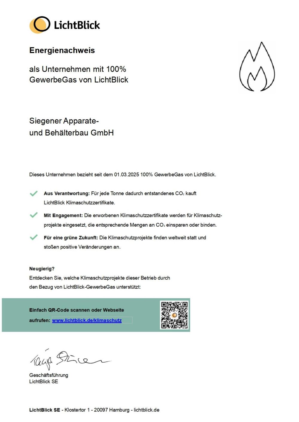 Energienachweis 100 % GewerbeGas mit CO2-Ausgleich – SAB Siegen, LichtBlick