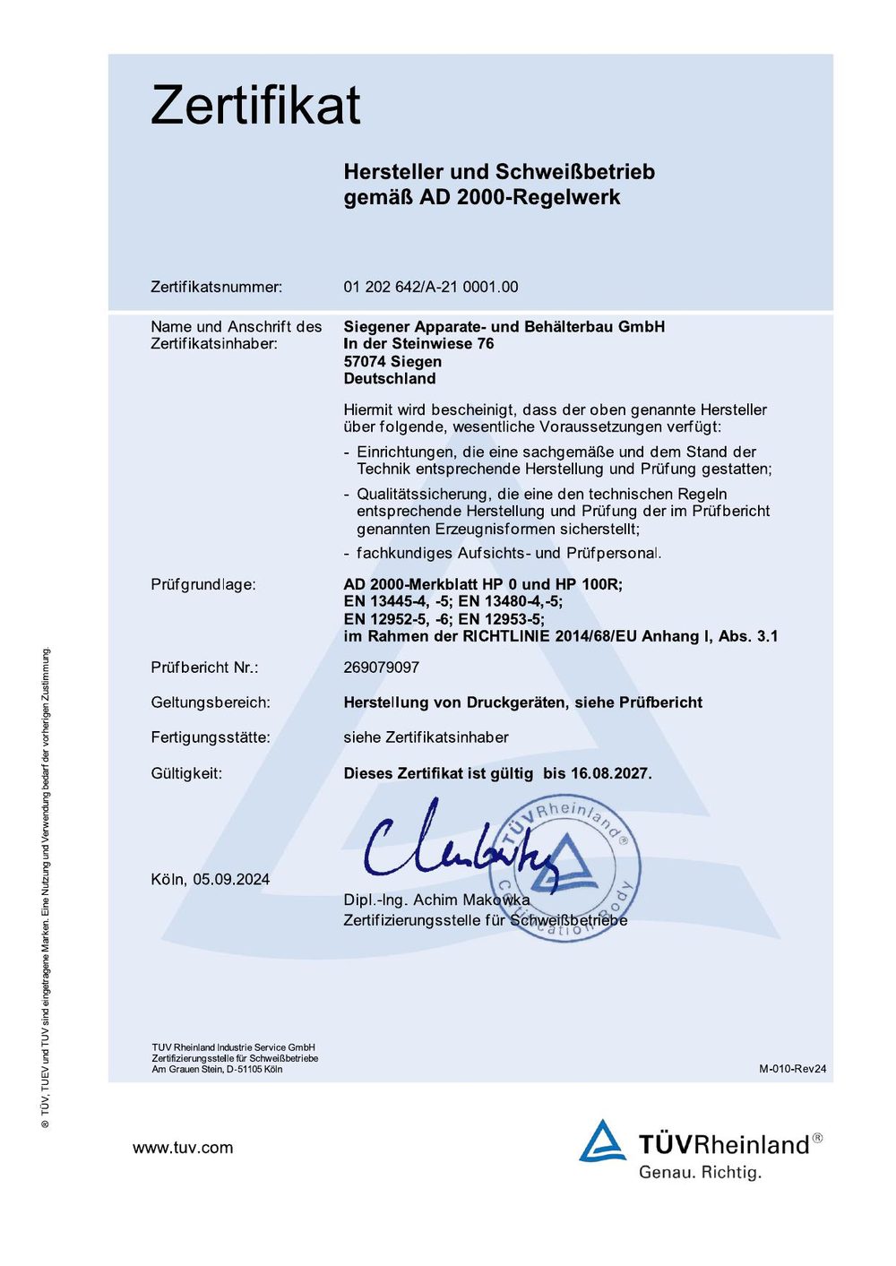 Zertifikat AD 2000-Regelwerk Druckgeräte – SAB Siegen, TÜV Rheinland