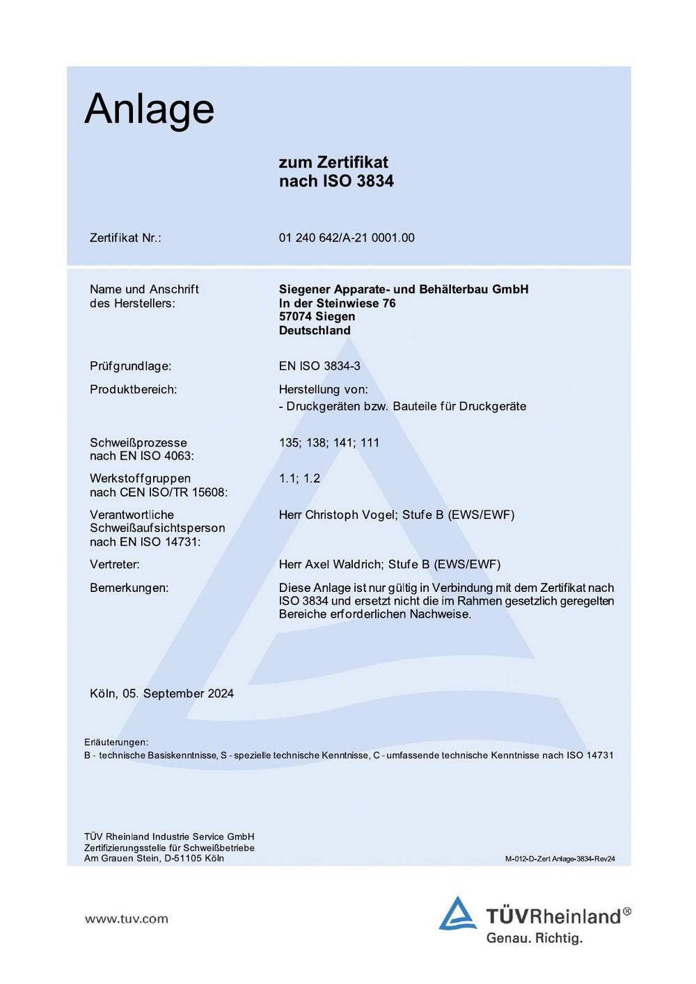 Anlage zum Zertifikat nach ISO 3834 mit Schweißprozessen und Schweißaufsicht – SAB Siegen