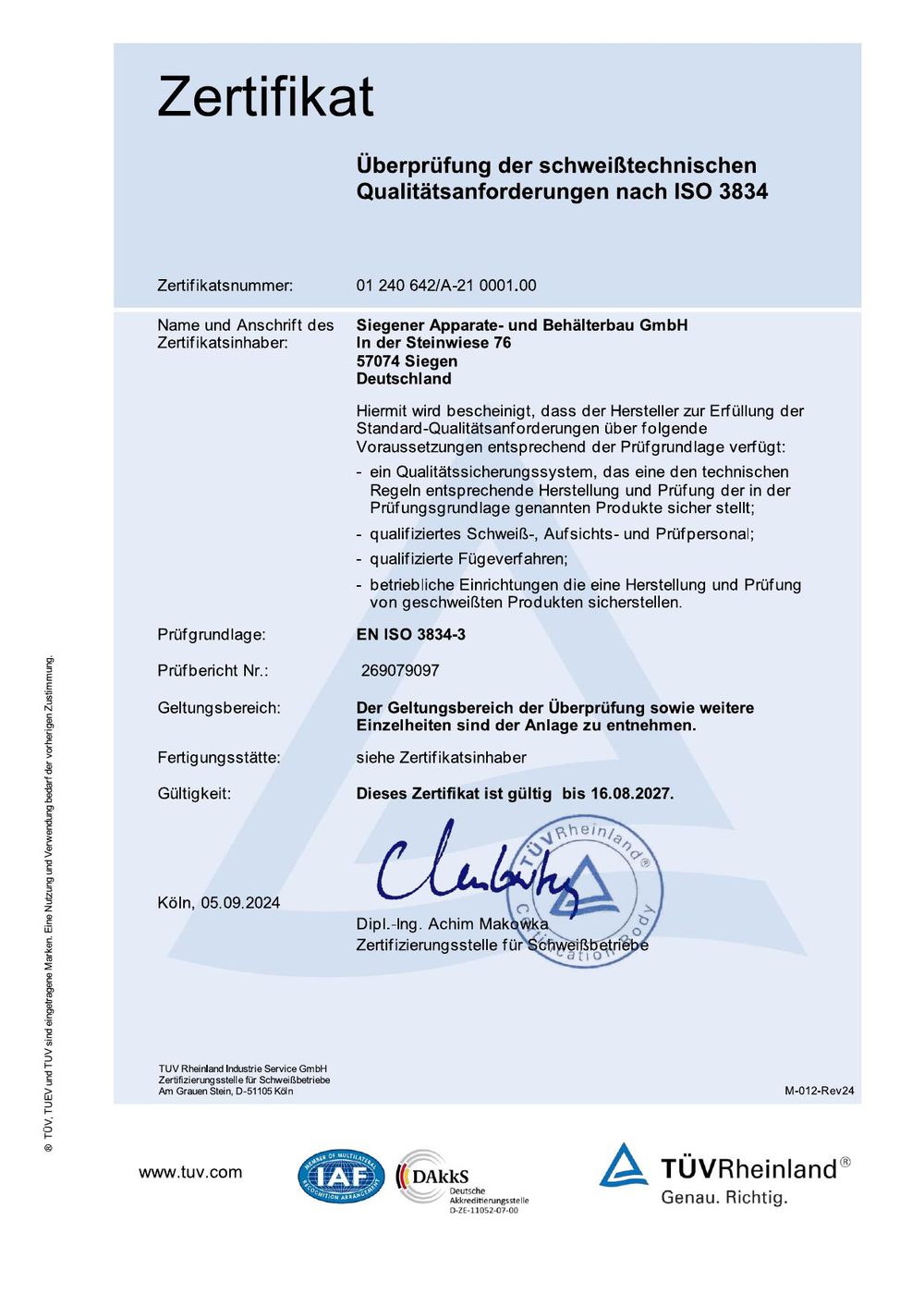 Zertifikat EN ISO 3834-3 schweißtechnische Qualitätsanforderungen – SAB Siegen, TÜV Rheinland